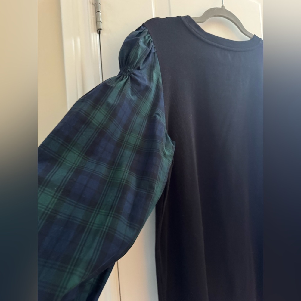Loft Holiday Plaid Puff Balloon Ruffle Sleeve Comfy Relaxed Blue Green Black Top - Picture 2 of 8